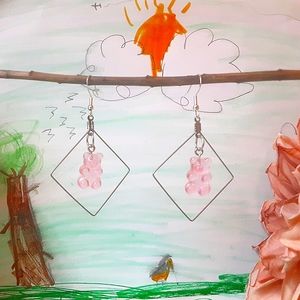 Fun Pink Gummy Bear Square hoop Earrings